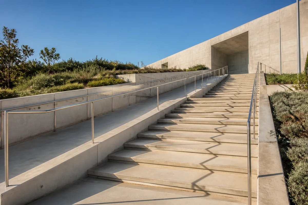 Escalier extérieur en béton doublé d’une rampe d’accès douce, lumière rasante du matin