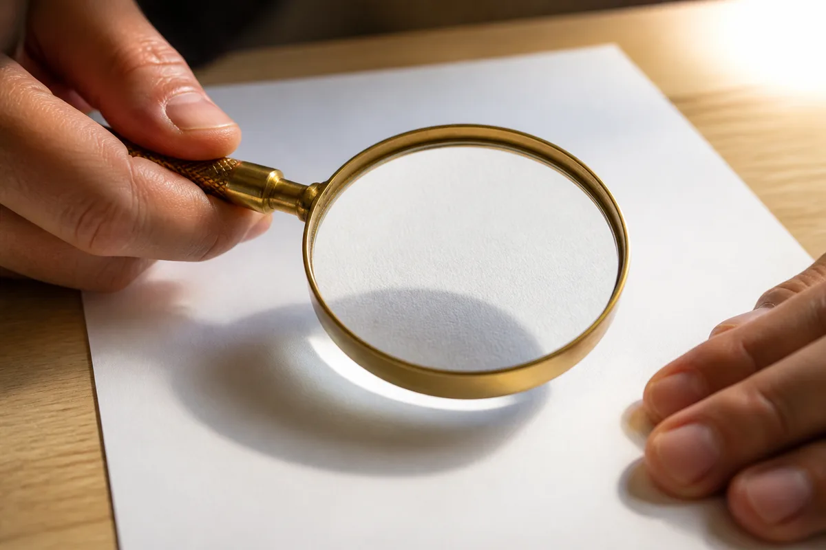 Mains tenant une loupe au-dessus d&rsquo;une feuille de papier posée sur un bureau en bois clair