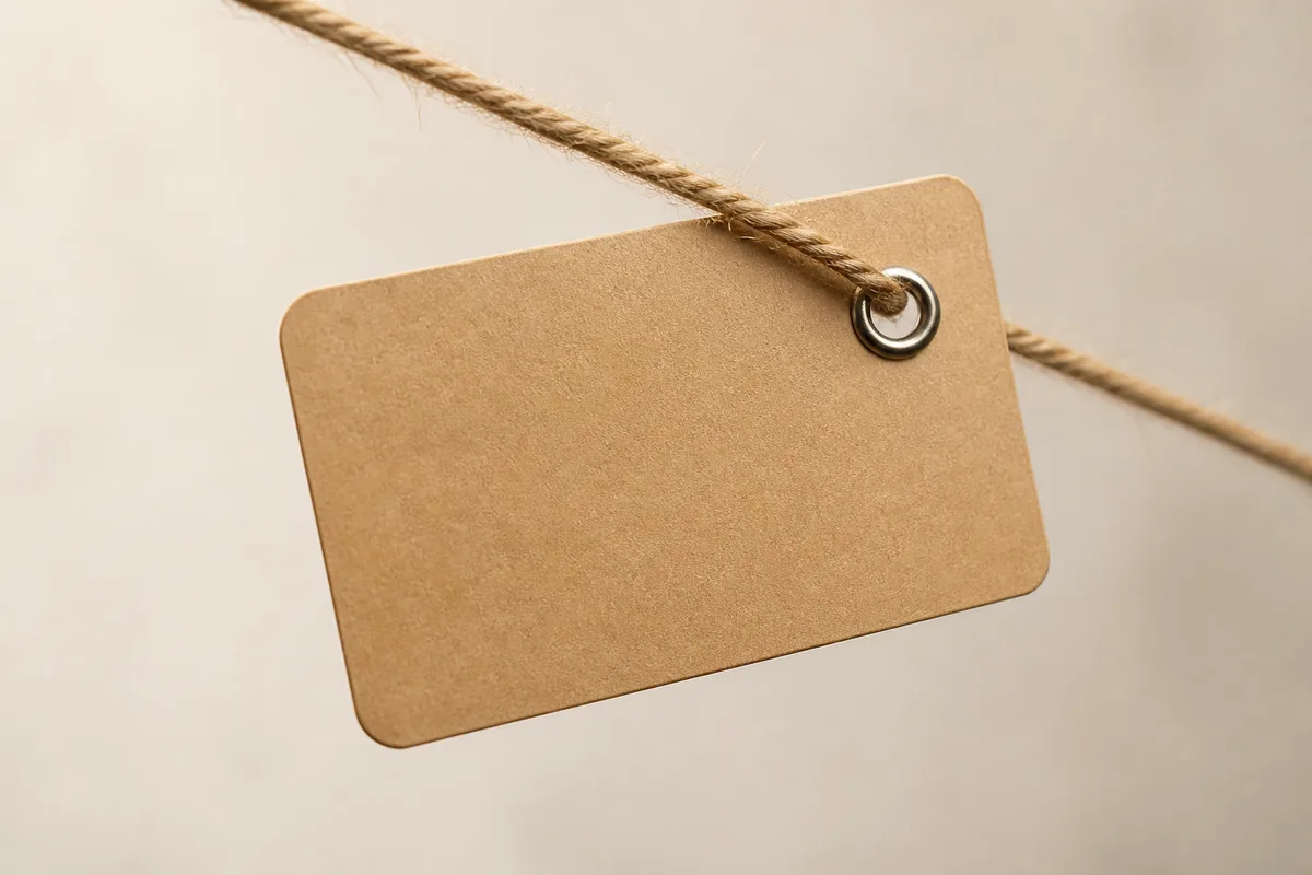 Étiquette de prix en carton kraft vierge suspendue à une ficelle devant un mur clair