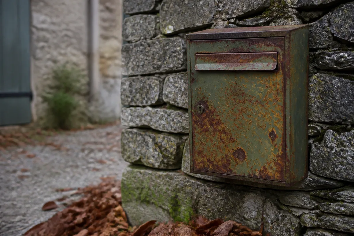 Boîte aux lettres métallique fermée et légèrement rouillée sur un mur de pierre, feuilles mortes au sol