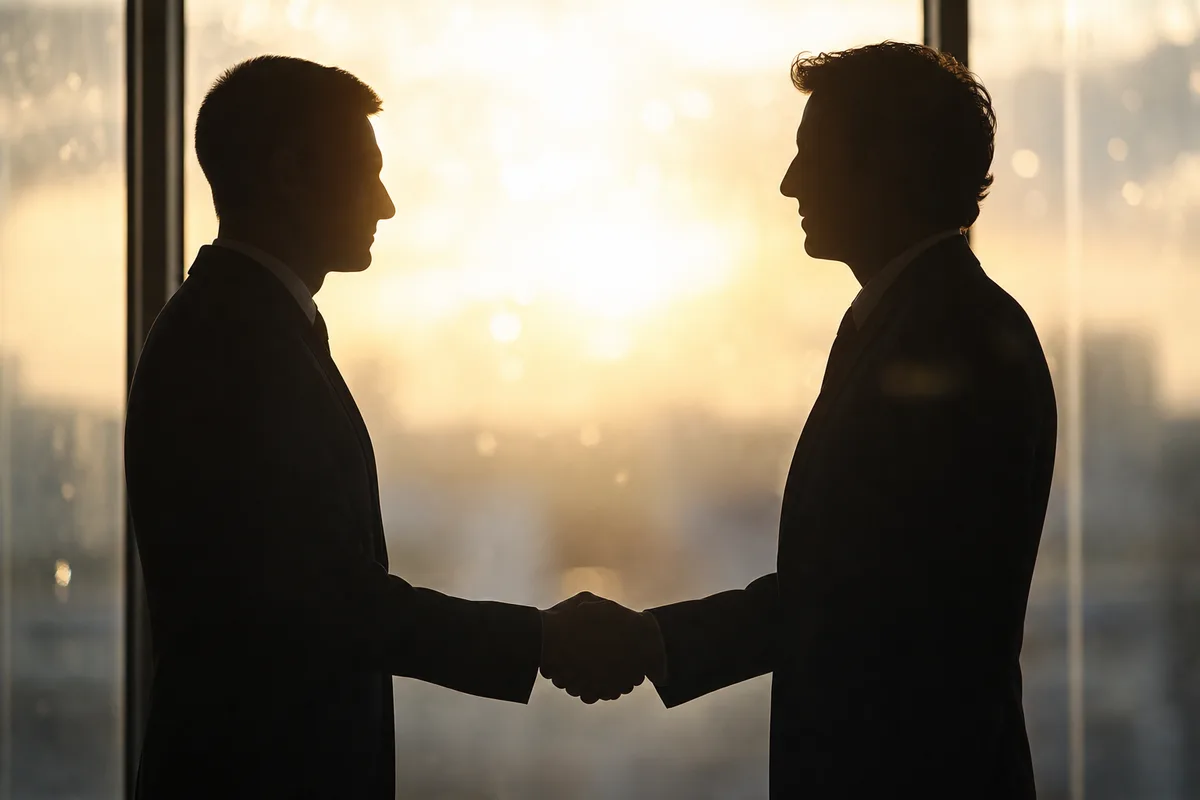Poignée de main entre deux silhouettes de professionnels en contre-jour devant une baie vitrée
