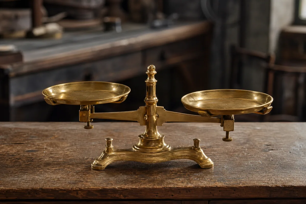 Balance à deux plateaux en laiton posée sur une table en bois devant un fond flou