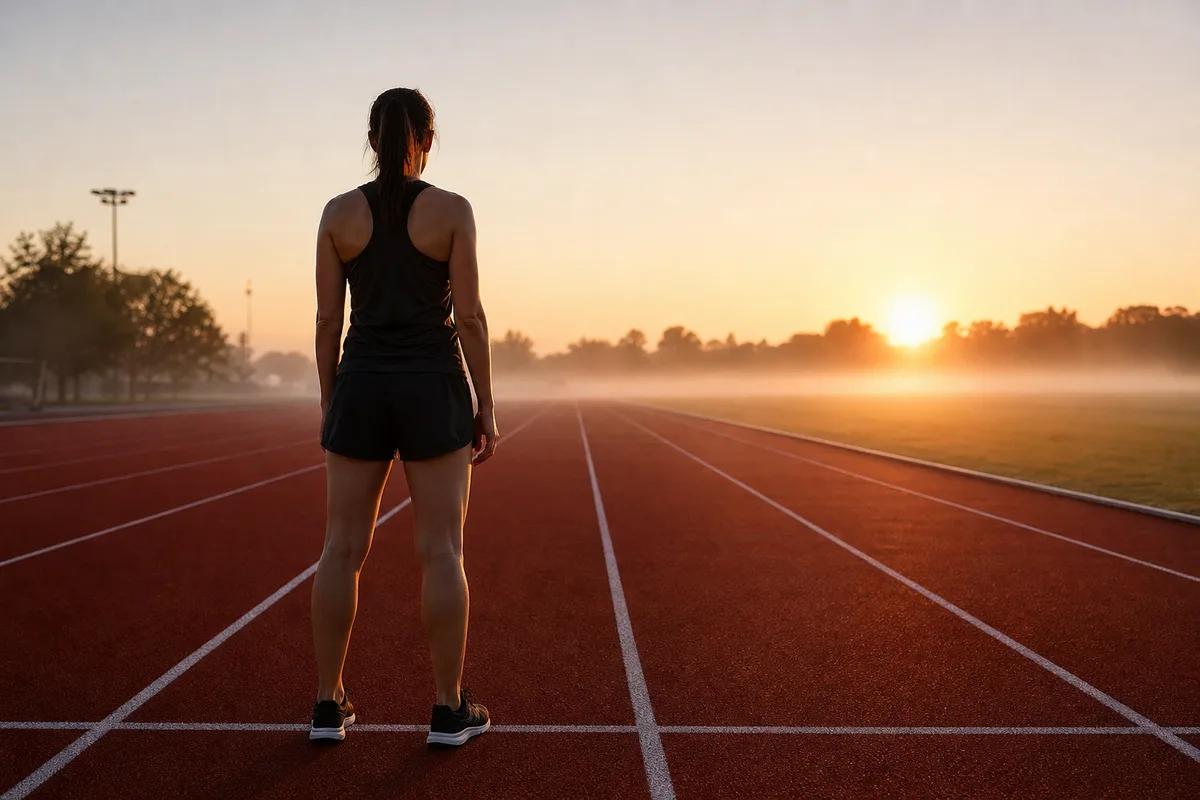 Athlète de dos sur une piste d’athlétisme au lever du jour