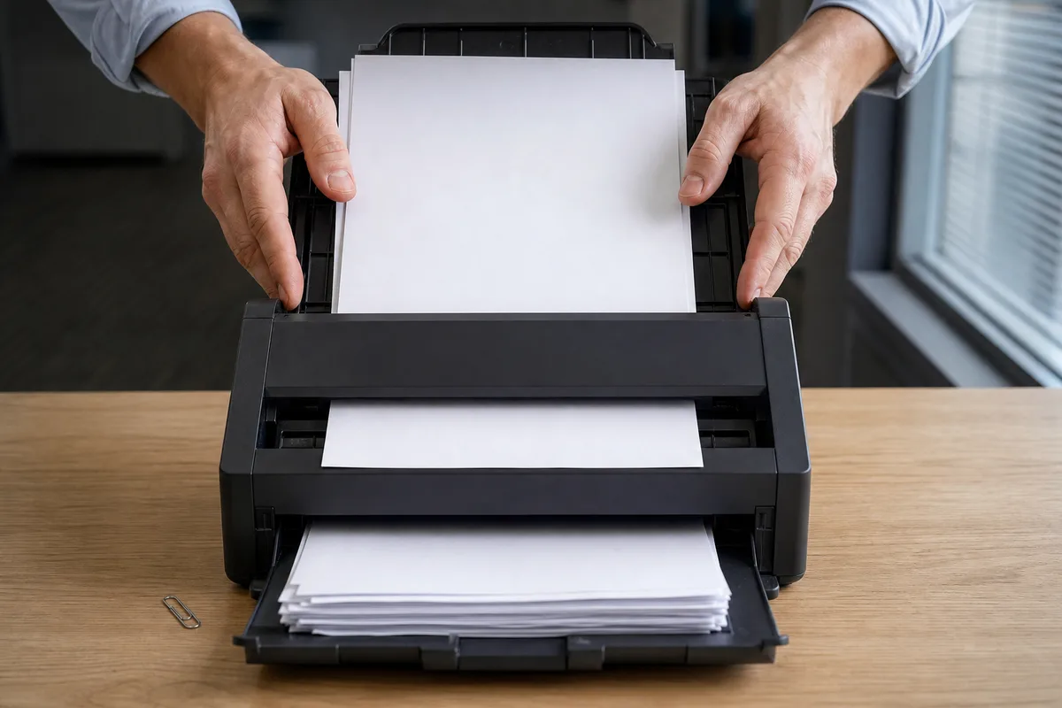 Scanner de documents à défilement en train d&rsquo;aspirer une pile de feuilles, mains posées sur le bac d&rsquo;alimentation