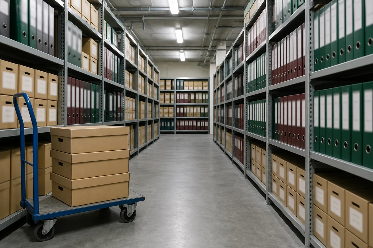 Local d&rsquo;archives d&rsquo;entreprise avec rayonnages métalliques garnis de boîtes et chariot de manutention
