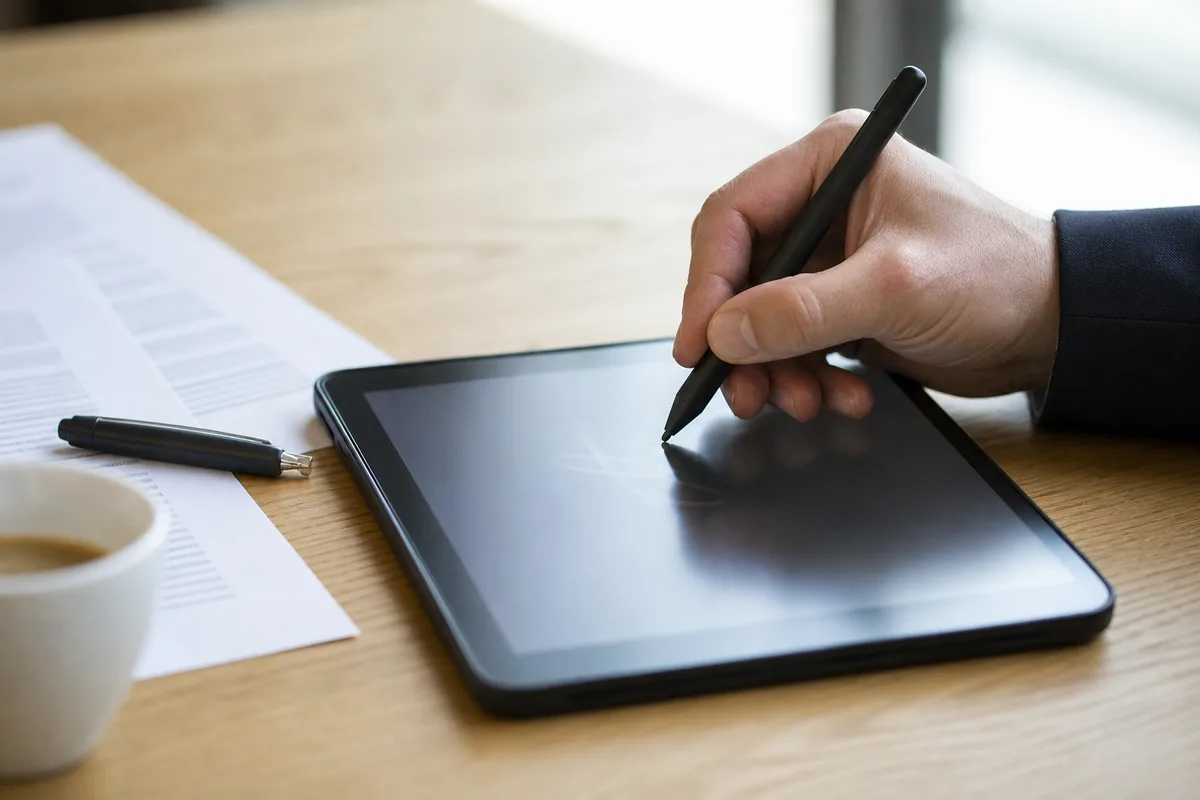 Main d&rsquo;adulte signant au stylet sur une tablette posée près d&rsquo;un contrat papier et d&rsquo;un stylo