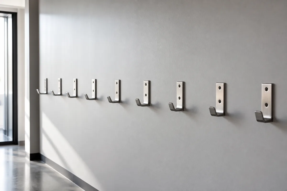 Rangée de patères murales métalliques vides dans un couloir de bureaux