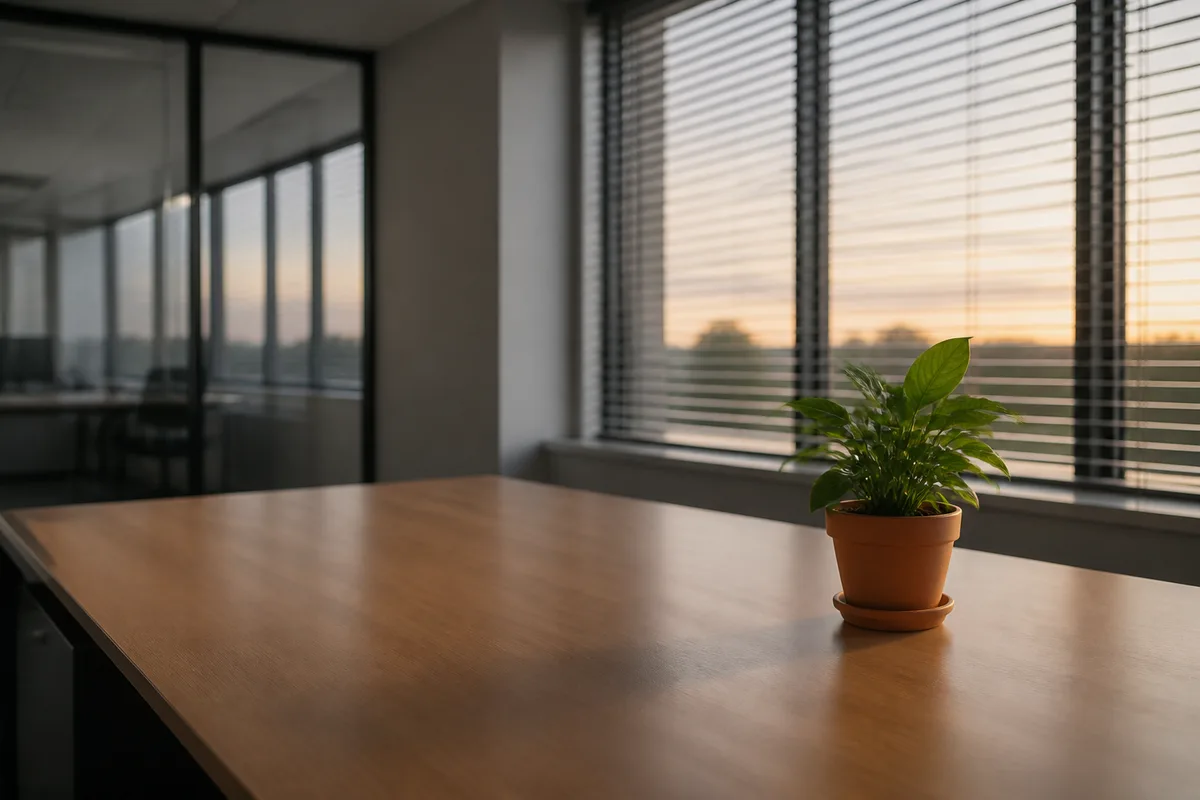 Plante verte en pot seule sur un plateau de bureau vide devant une fenêtre