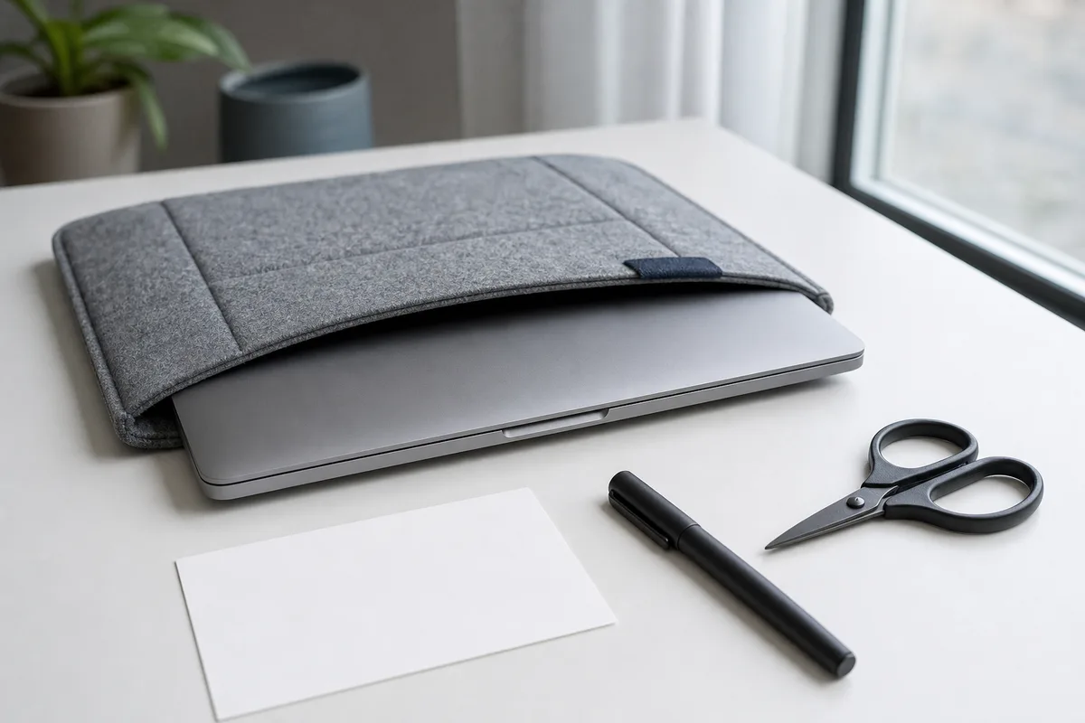 Ordinateur portable fermé glissé dans une pochette matelassée avant expédition