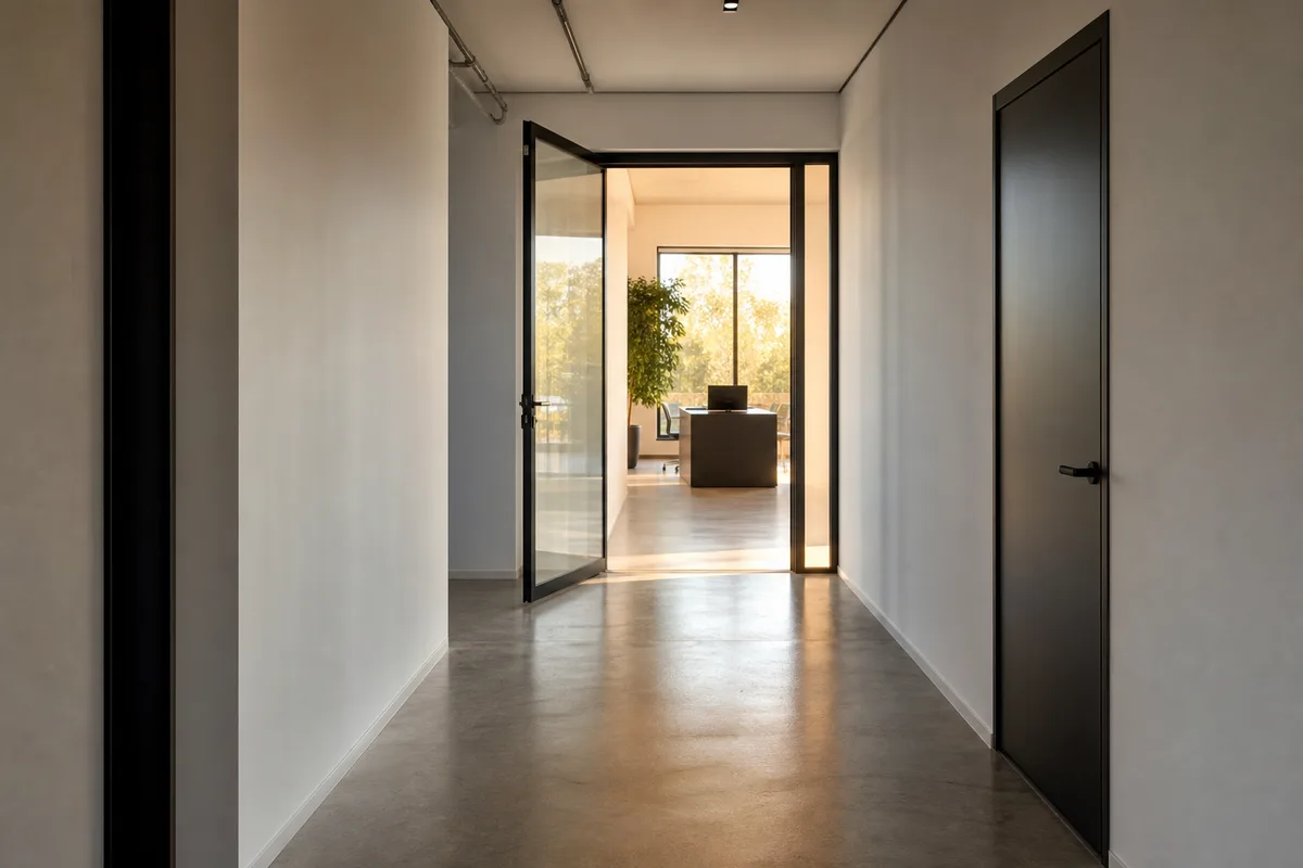 Porte vitrée entrouverte au bout d’un couloir de bureau lumineux