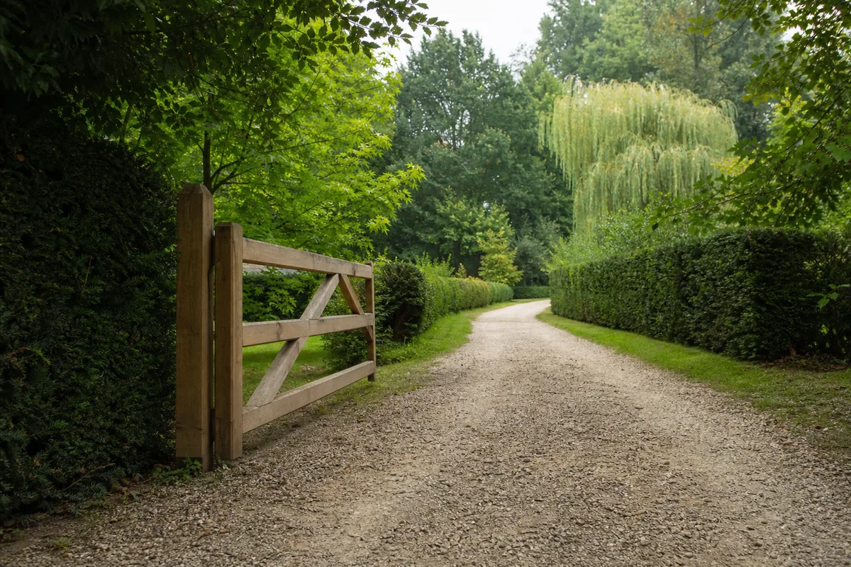 Barrière en bois ouverte sur un chemin de gravier bordé de haies