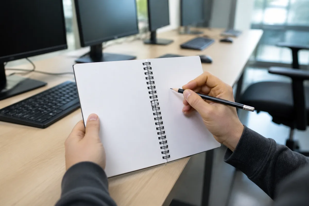 Mains d&rsquo;un technicien annotant un carnet devant une rangée de postes de travail dans un bureau