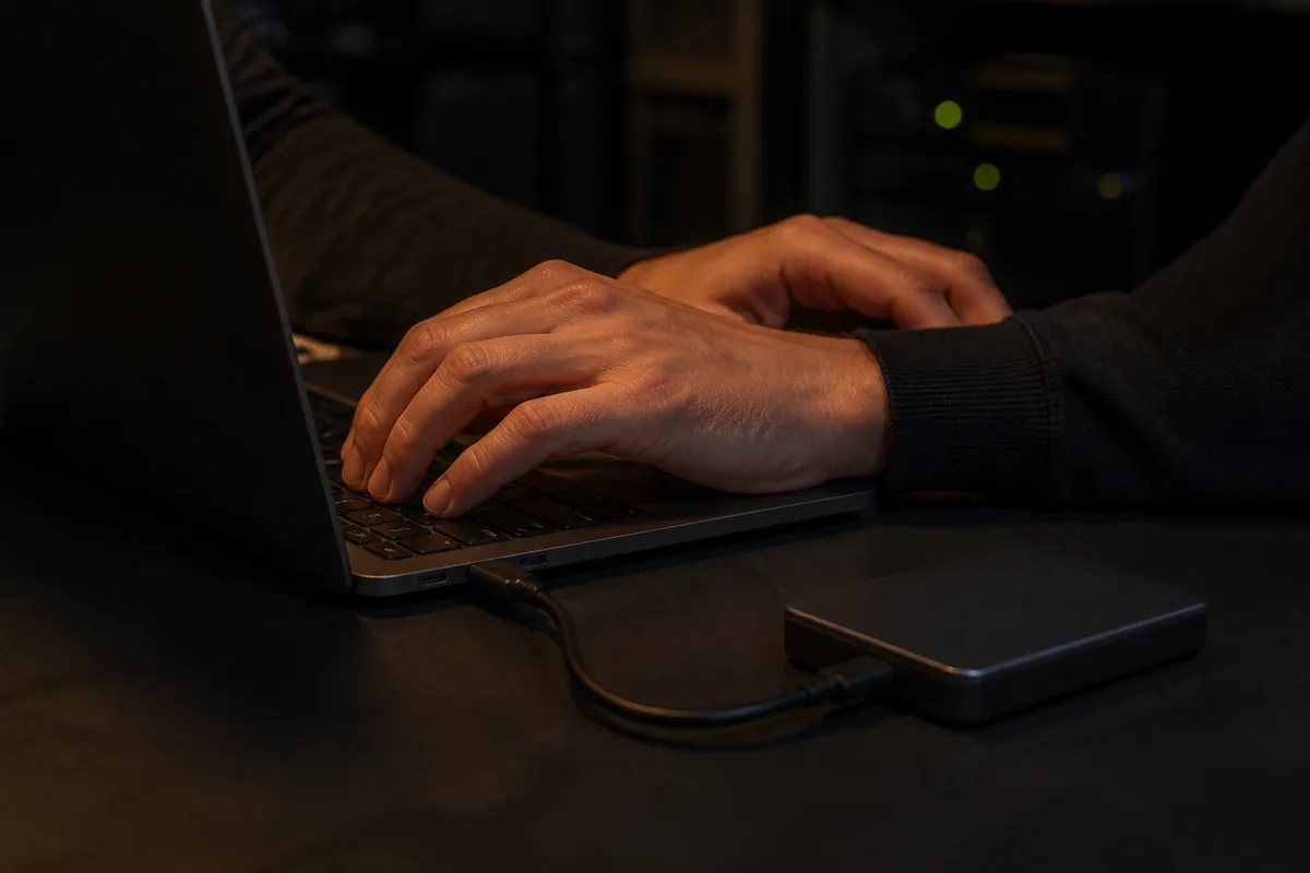 Mains sur le clavier d&rsquo;un ordinateur portable relié à un disque externe posé sur un bureau
