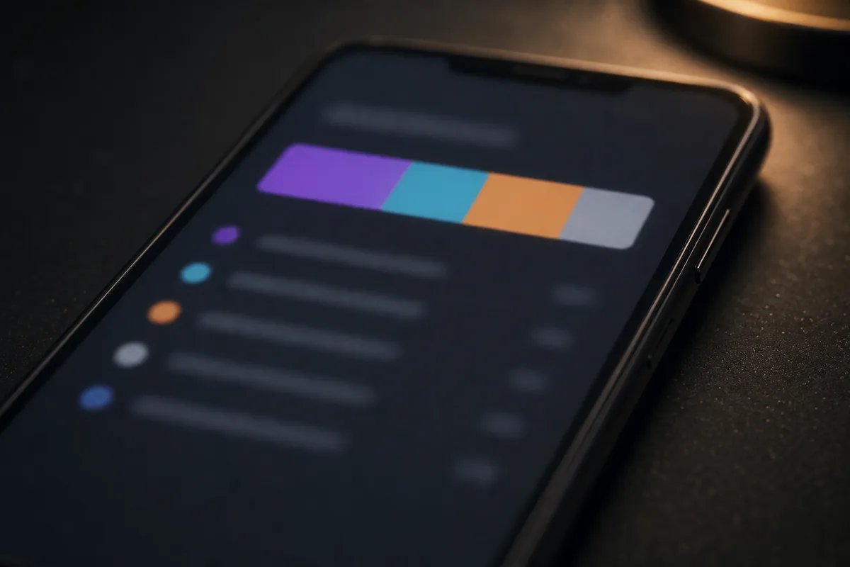 Écran de smartphone affichant un diagramme de répartition du stockage, posé sur un bureau clair