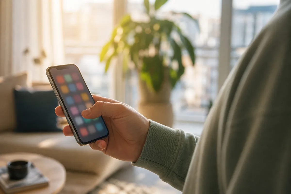 Main tenant un téléphone devant une liste d&rsquo;applications, lumière naturelle de fin de journée