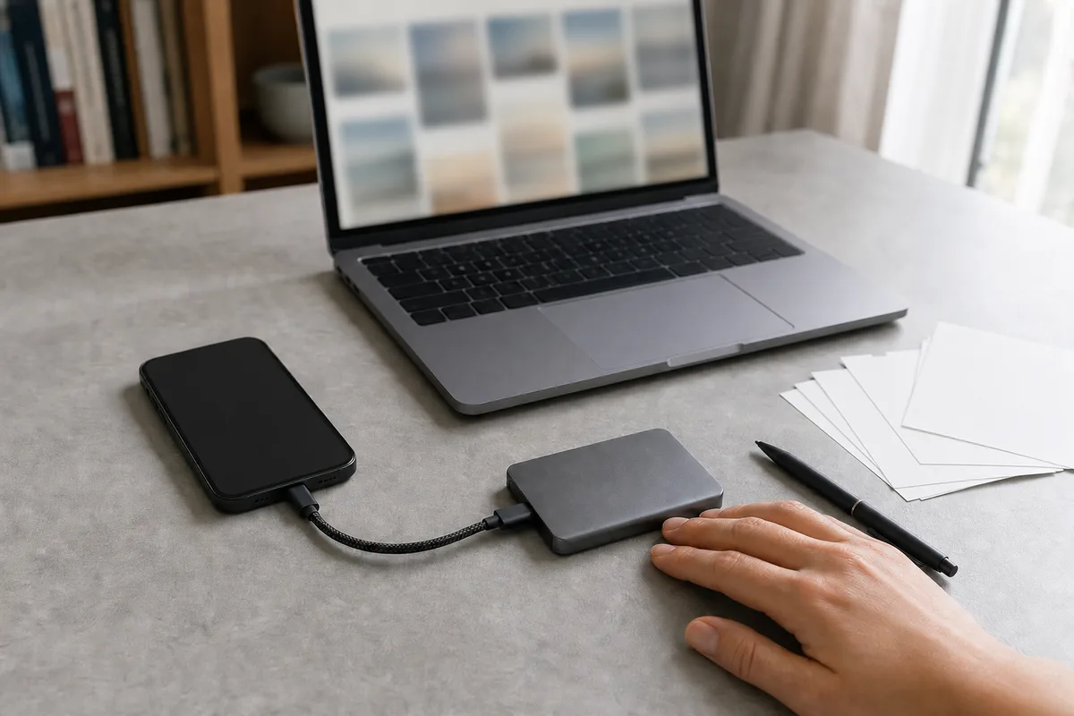 Personne triant des photos sur un téléphone posé à côté d&rsquo;un disque dur externe