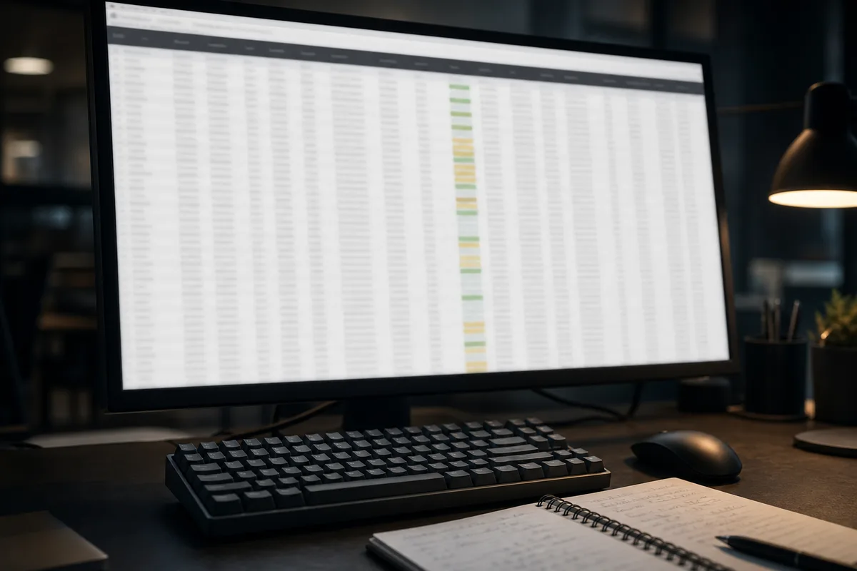 Écran d&rsquo;ordinateur affichant une liste d&rsquo;adresses web dans un tableur, sur un bureau de développeur