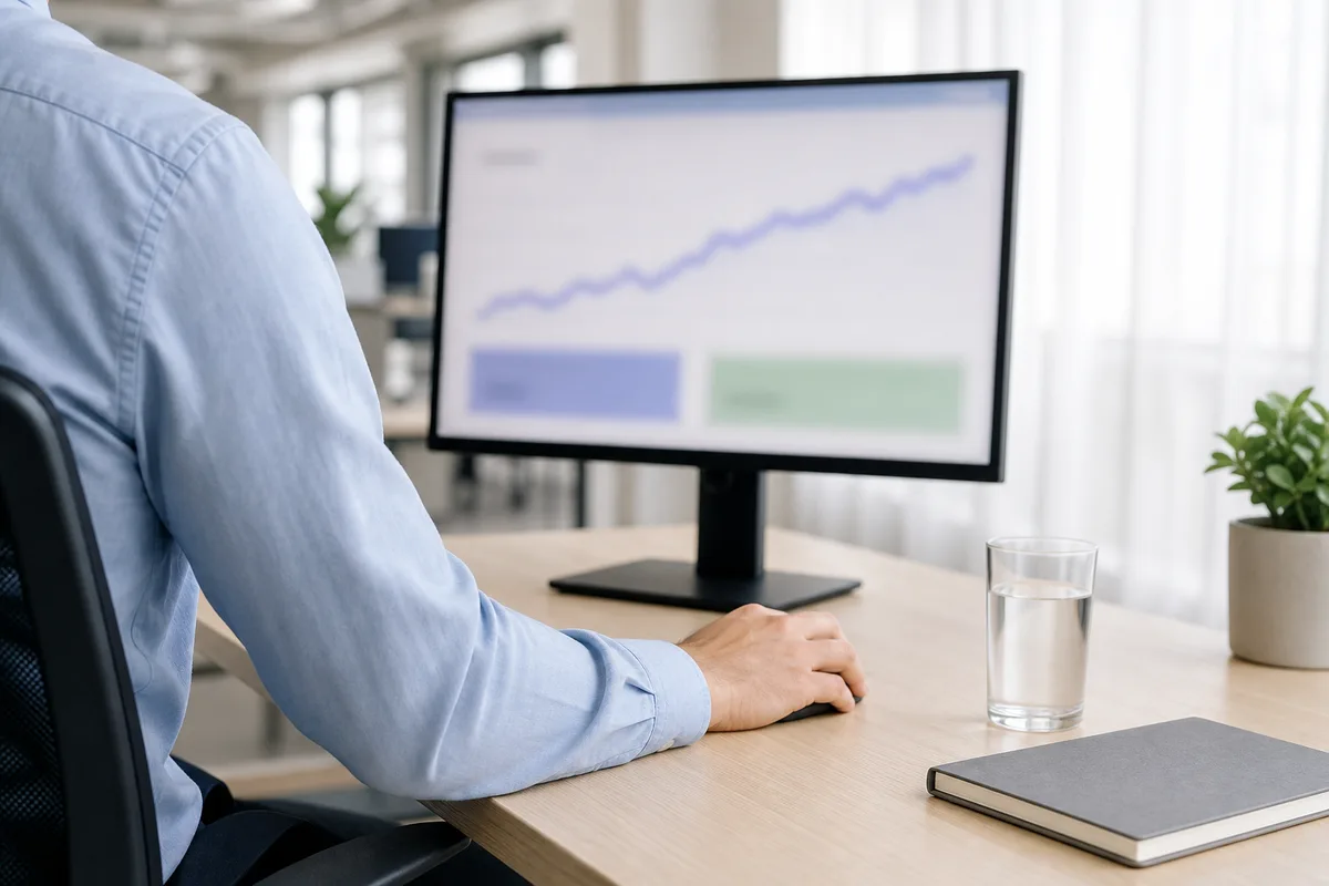 Personne consultant une courbe de trafic sur un écran dans un bureau lumineux