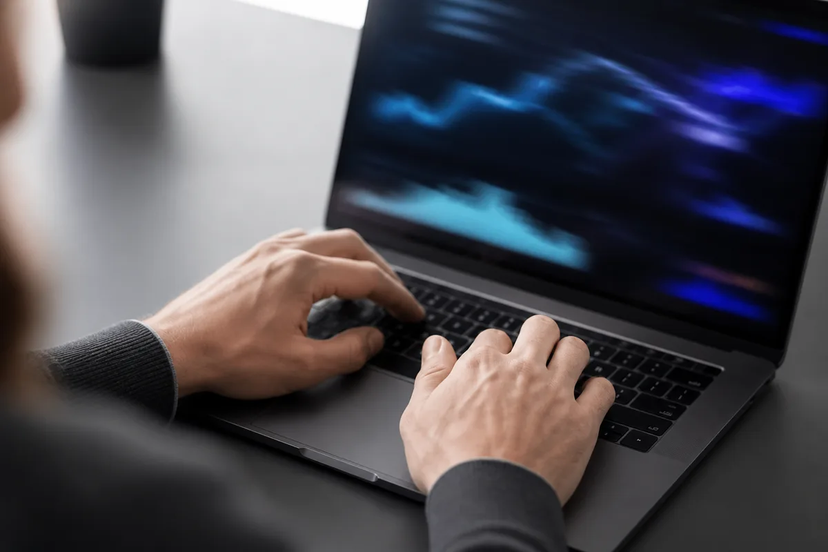 Mains posées sur le clavier d’un ordinateur portable affichant des courbes de performance système