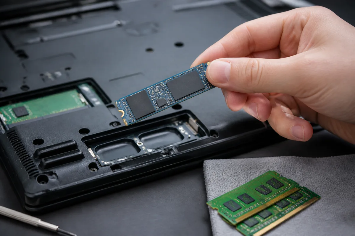 Disque SSD tenu entre deux doigts au-dessus d’un ordinateur portable ouvert et démonté