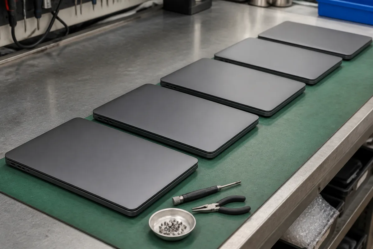Ordinateurs portables professionnels alignés sur un établi d’atelier avec outils de démontage