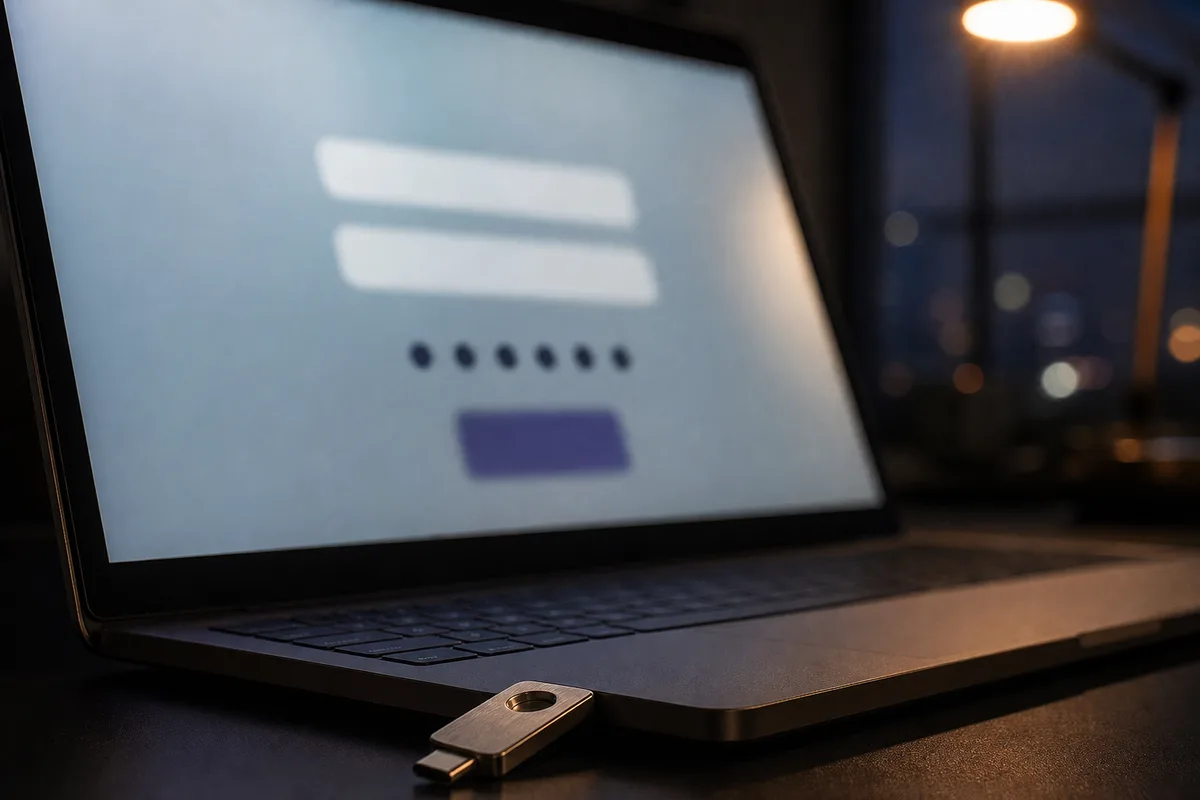 Bureau d&rsquo;entreprise avec un ordinateur portable ouvert affichant un écran de connexion flouté