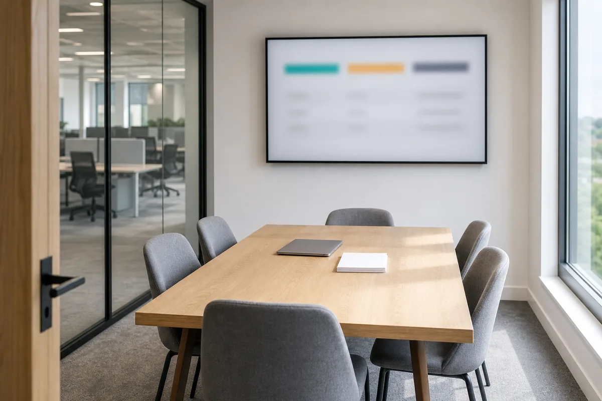 Salle de réunion vide avec un écran mural affichant un tableau de bord flouté
