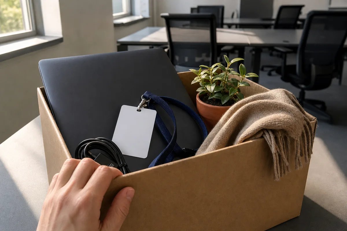 Employé rangeant un badge et un ordinateur portable dans un carton de départ