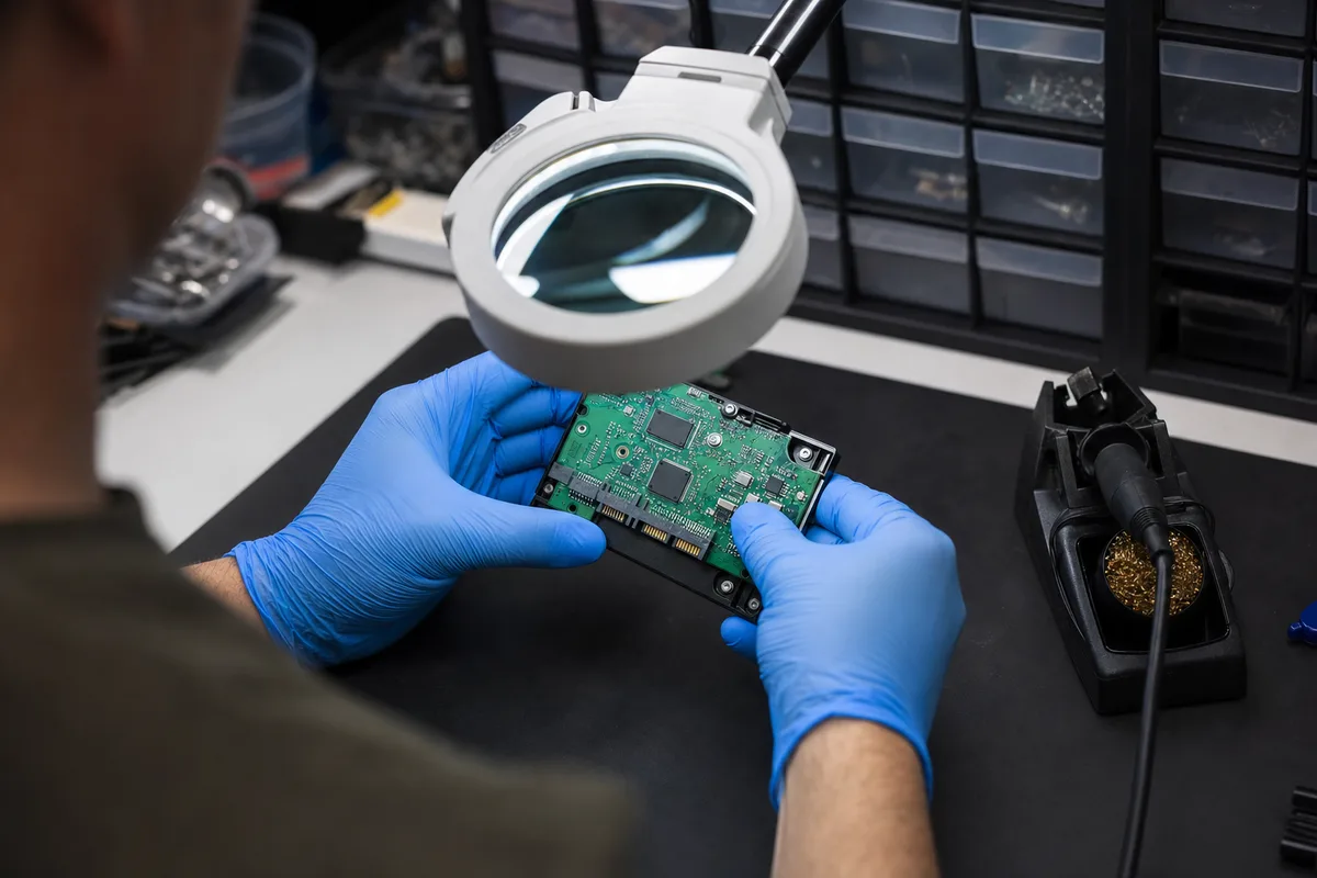 Technicien en blouse examinant une carte électronique de disque dur sous une loupe d’atelier