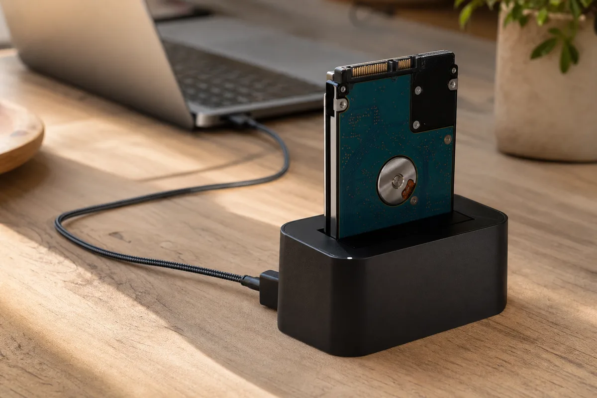 Boîtier de dock USB accueillant un disque dur nu, câbles branchés sur un ordinateur portable