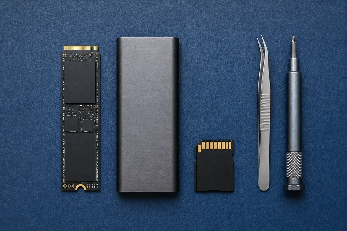 SSD NVMe et carte mémoire posés sur un tapis antistatique près d’une pince de précision