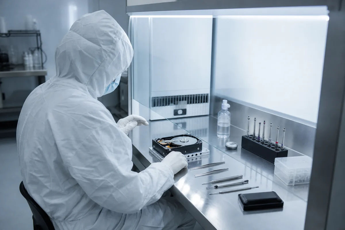 Salle blanche de laboratoire, poste de travail sous hotte à flux laminaire avec outillage de précision