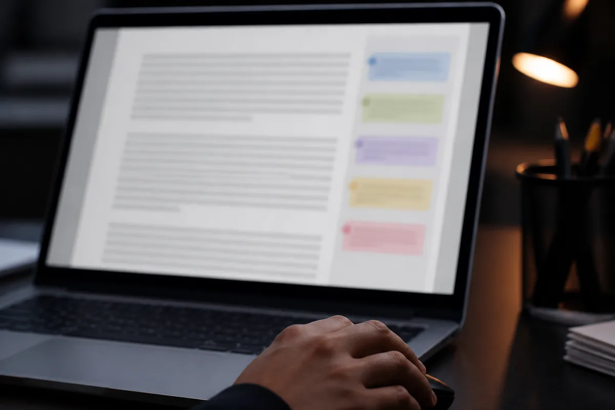 Écran d’ordinateur affichant un document en cours de révision avec des annotations dans la marge