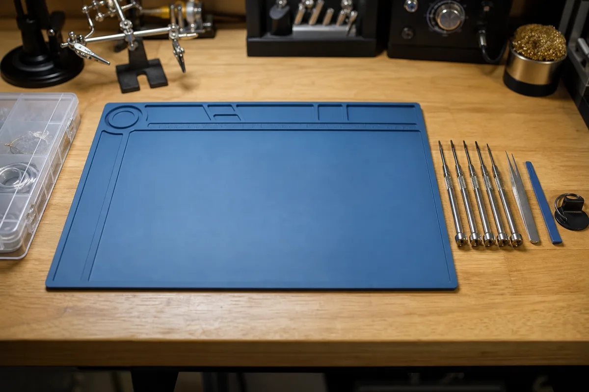 Établi de réparation en bois clair avec tapis antistatique bleu et outils de précision alignés