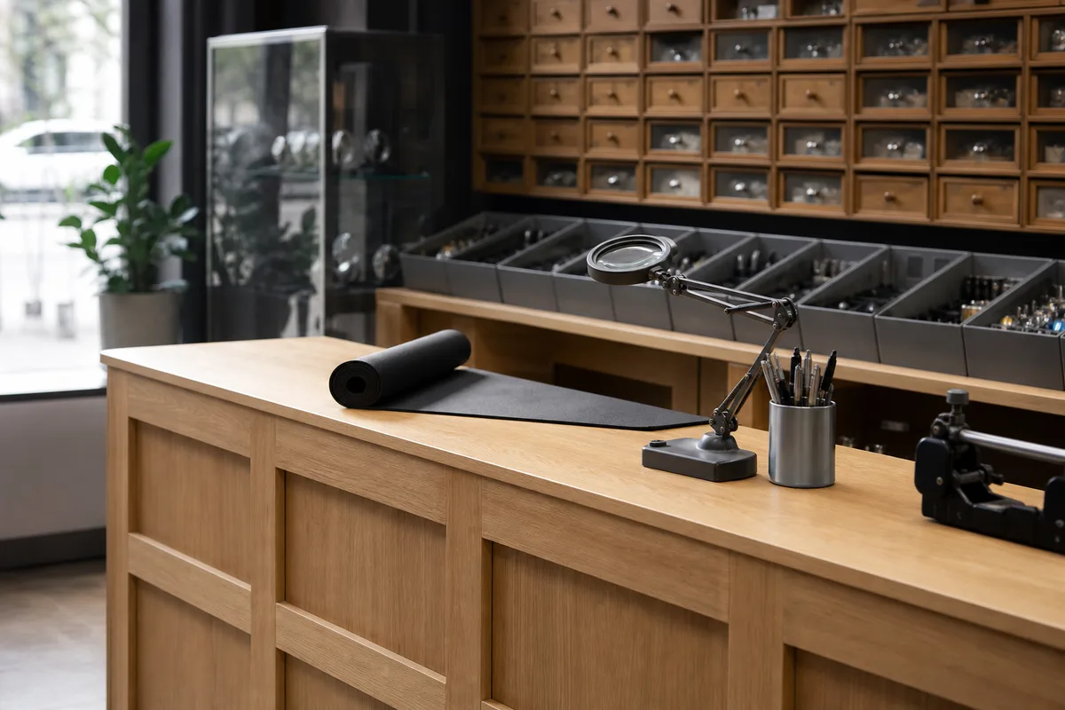 Comptoir de boutique de réparation en bois clair avec casiers d&rsquo;outils rangés et lumière naturelle