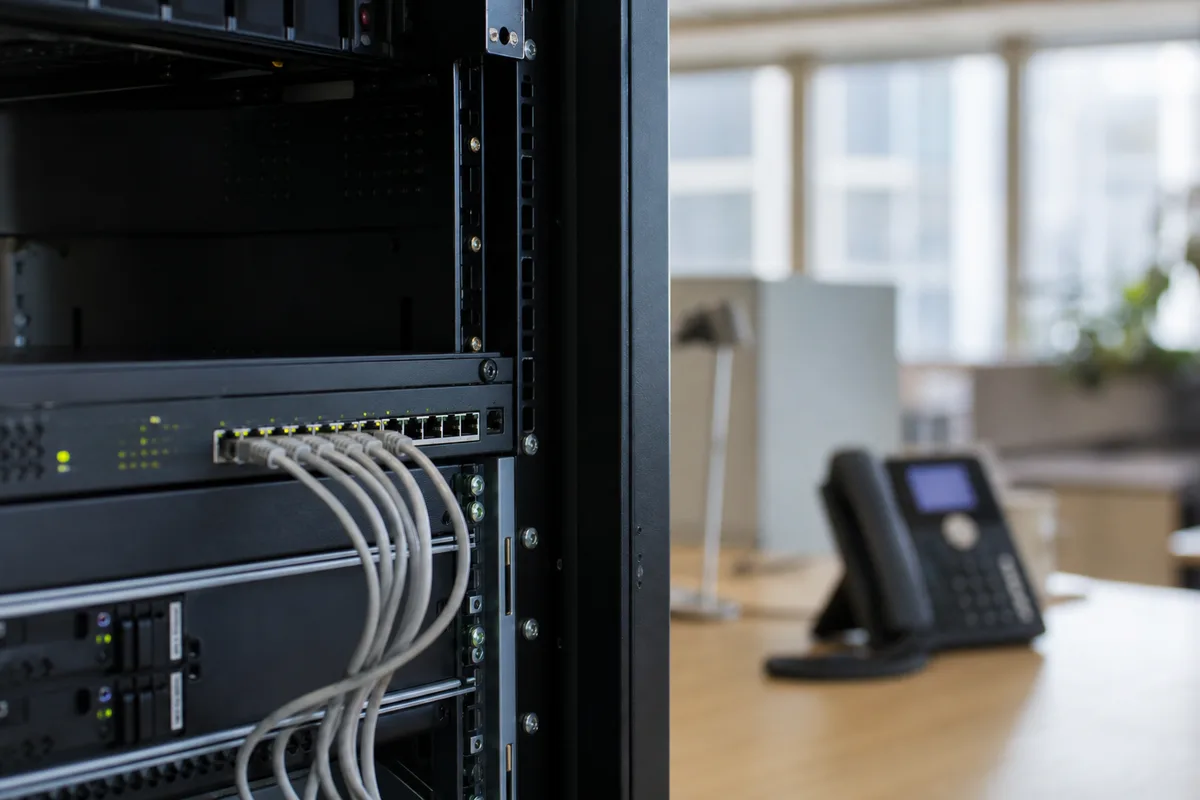 Switch PoE alimentant téléphones IP et bornes wifi dans une PME