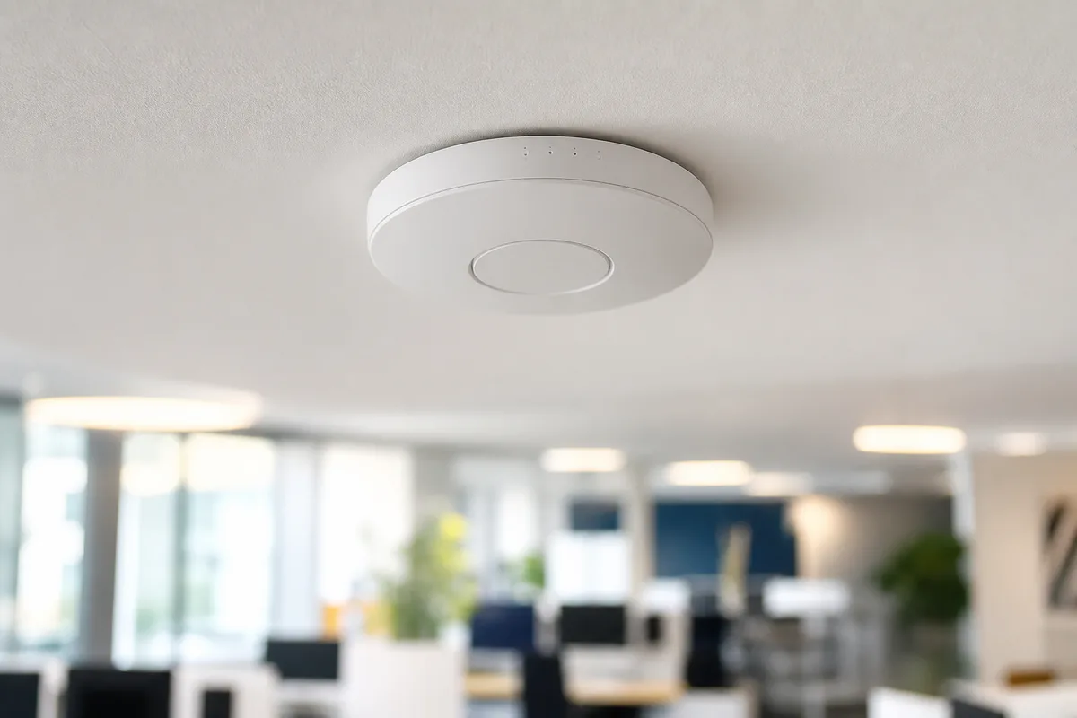 Borne wifi professionnelle fixée au plafond d&rsquo;un open space
