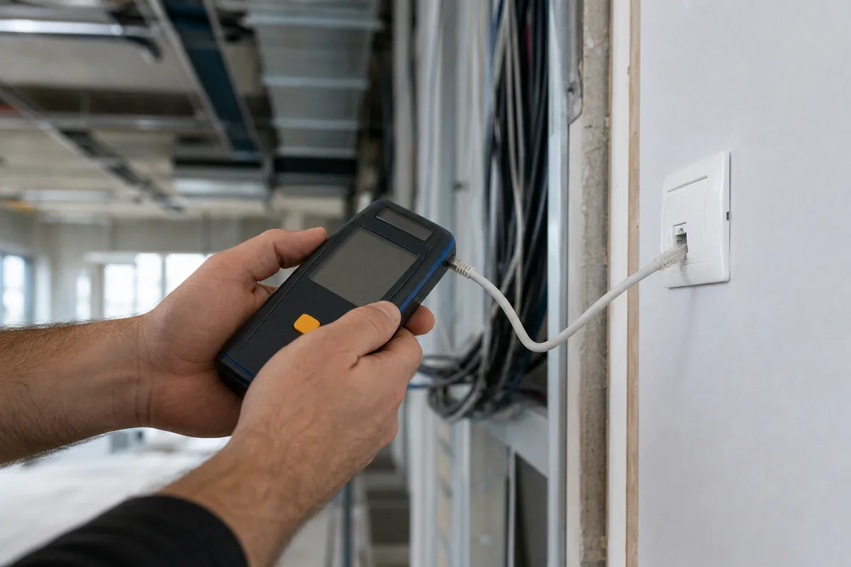 Mains d&rsquo;un technicien testant un câblage réseau lors d&rsquo;une installation en entreprise