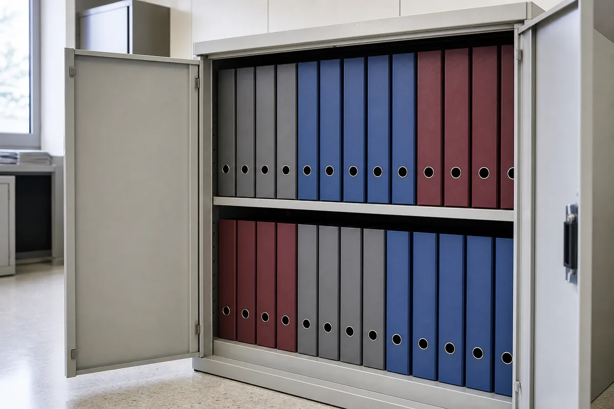 Classeurs à levier alignés sur les rayonnages d&rsquo;une armoire de bureau ouverte