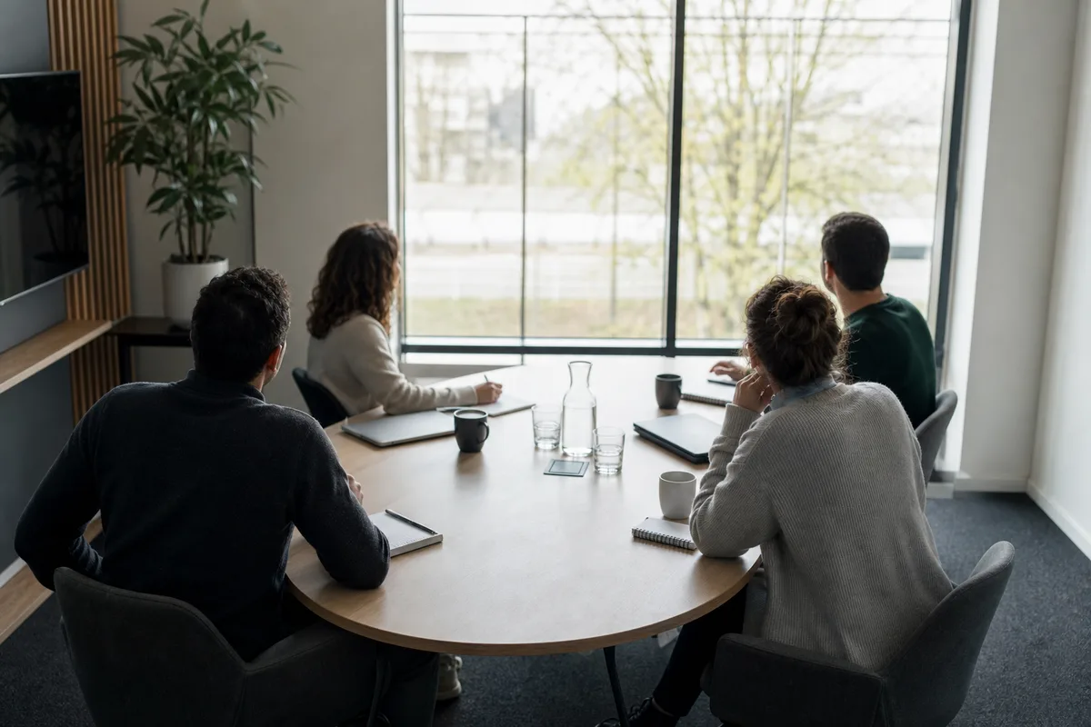 Réunion de travail vue de dos autour d&rsquo;une table claire, ordinateurs portables fermés