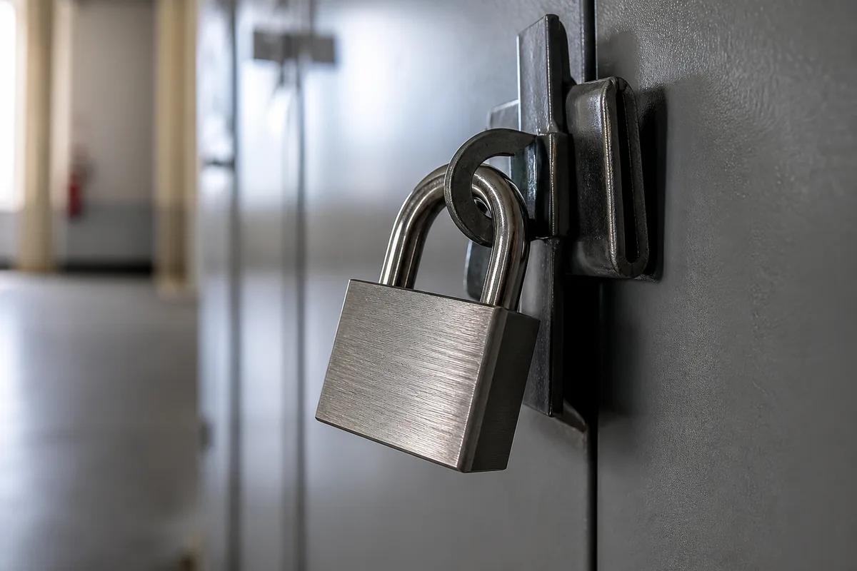 Cadenas métallique fermé sur la porte grise d&rsquo;une armoire de rangement