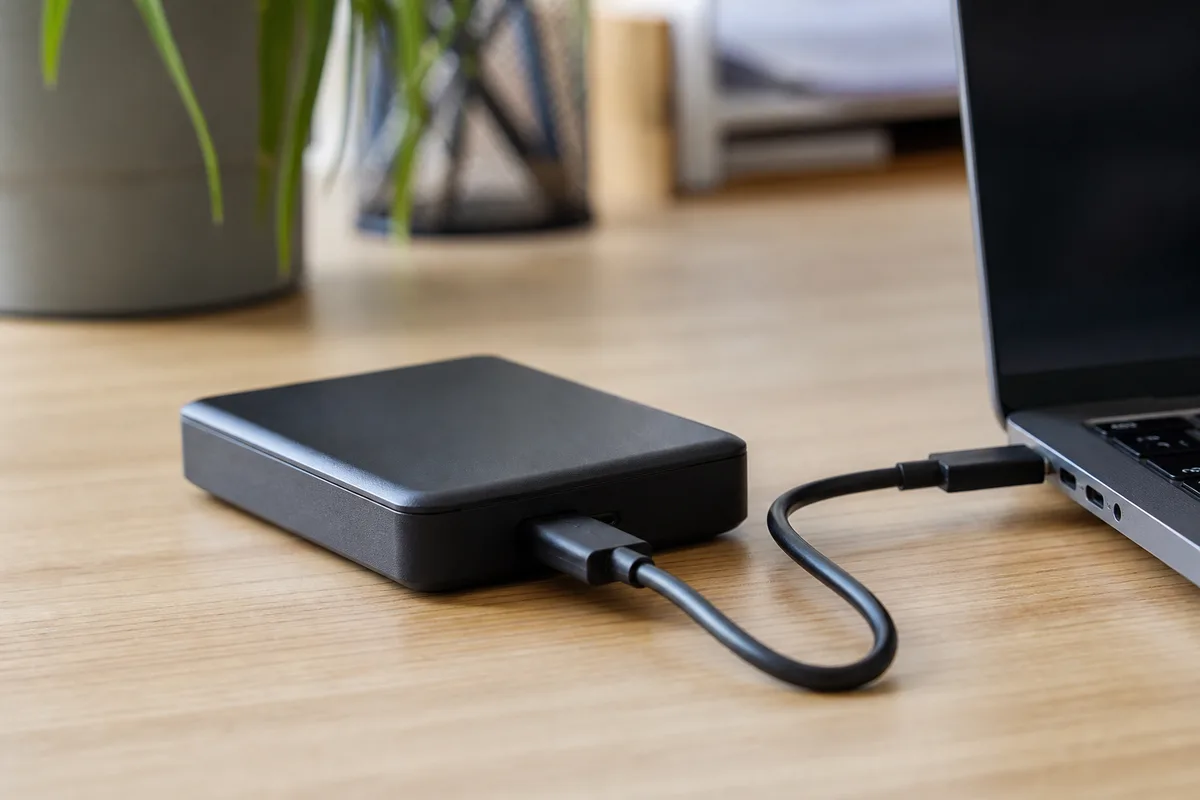 Disque dur externe branché à un ordinateur portable sur un bureau
