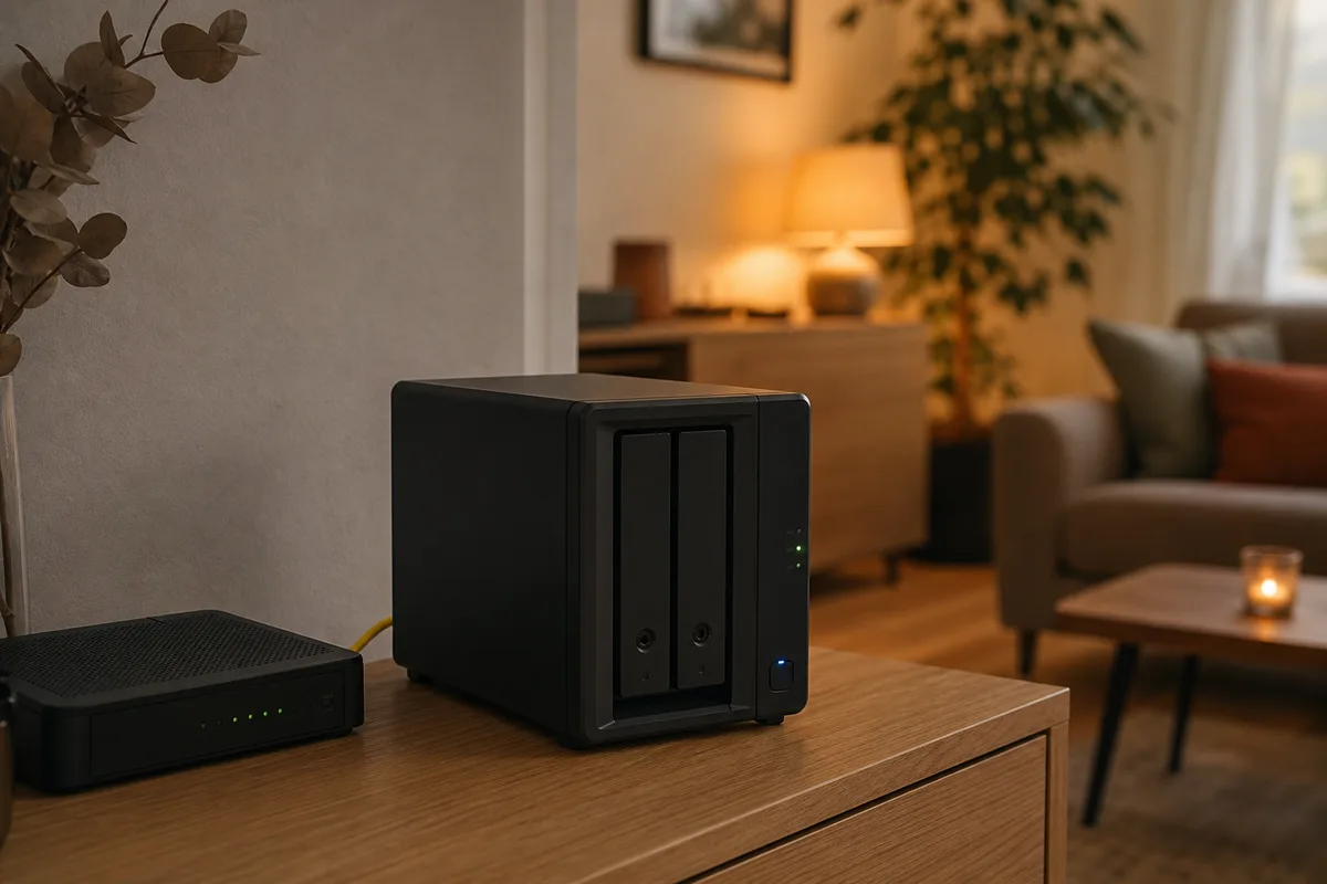 Boîtier NAS à deux baies posé près d&rsquo;une box internet dans un salon