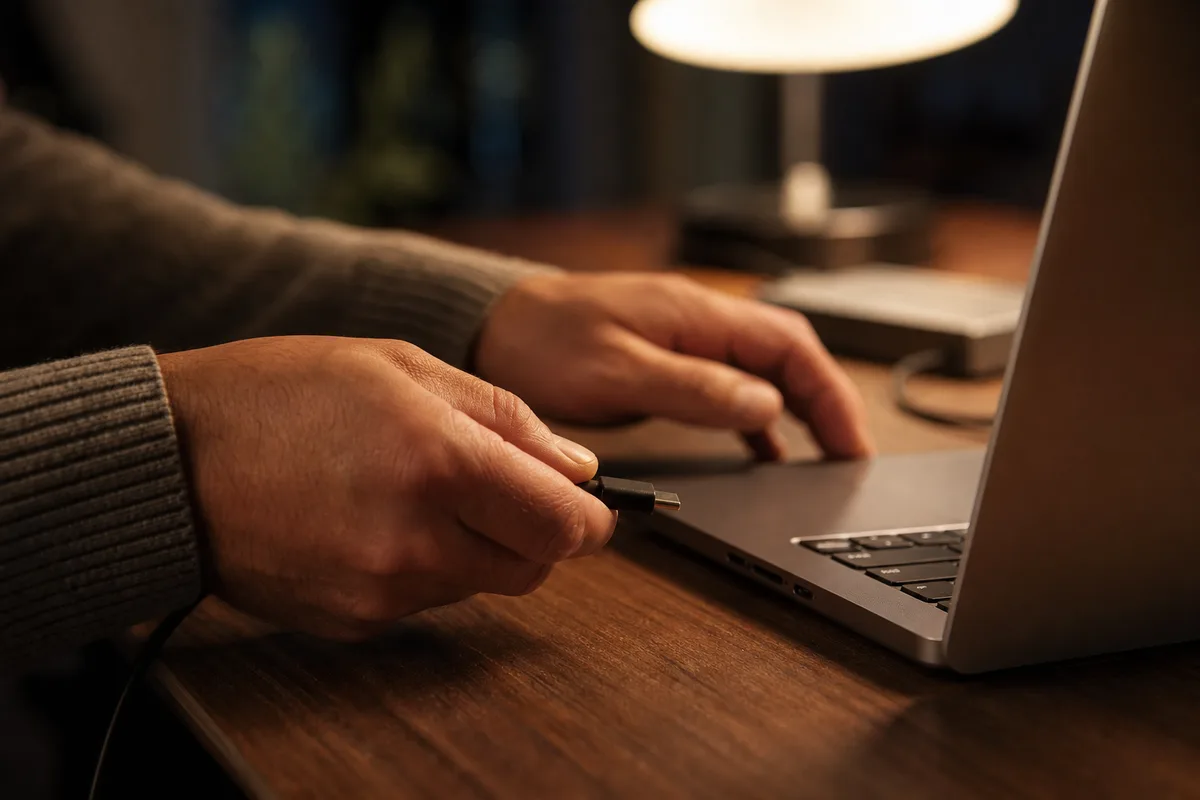Mains branchant un câble USB-C sur un ordinateur portable en soirée