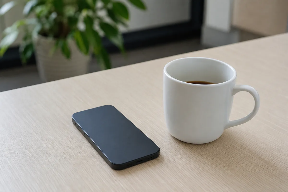 Coin cuisine d’entreprise avec un smartphone posé face contre la table à côté d’une tasse