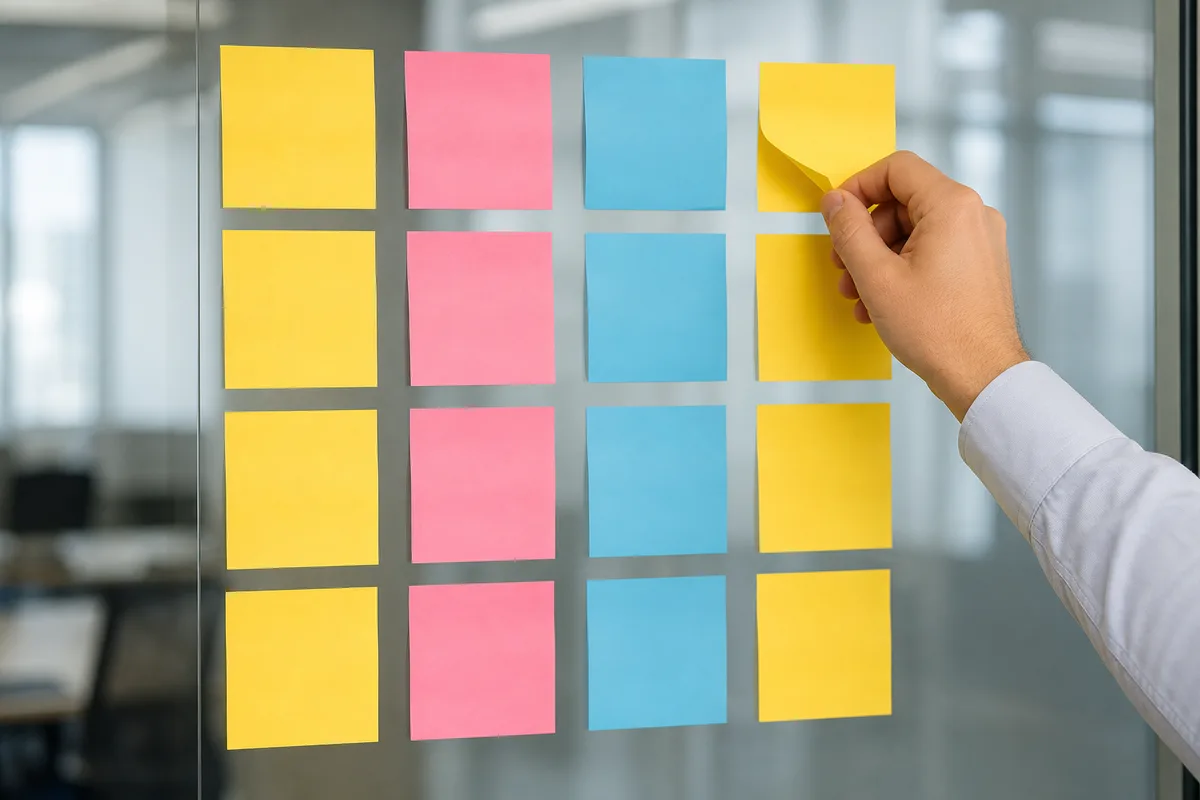 Mur vitré couvert de notes autocollantes de couleurs disposées en colonnes, une main en déplaçant une