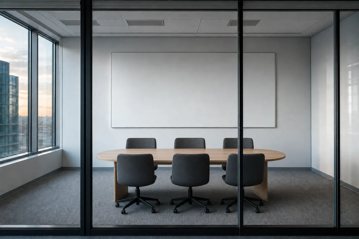 Salle de réunion vide vue depuis le couloir, table ovale et tableau blanc parfaitement nu