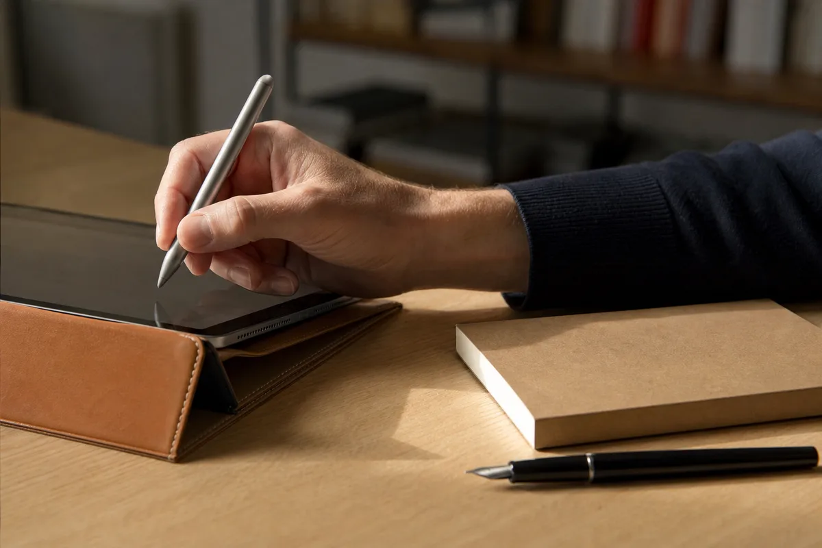 Mains d’un professionnel signant au stylet sur une tablette posée sur un bureau clair en bois