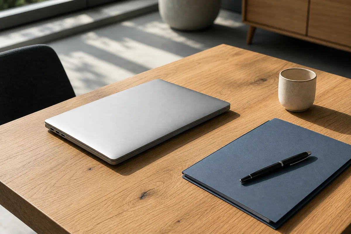 Bureau lumineux avec un ordinateur portable ouvert, un dossier fermé et un stylo posés sur une table en bois