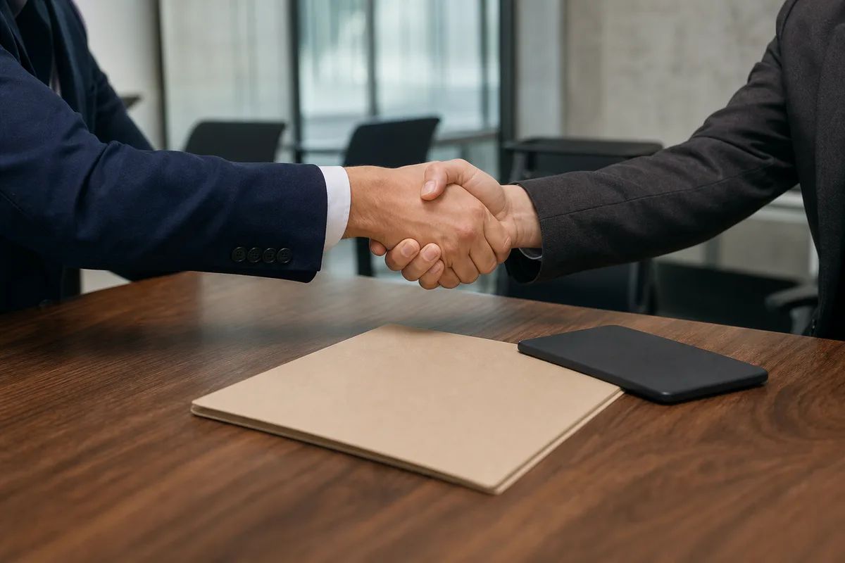 Poignée de main entre deux personnes au-dessus d’une table de réunion avec un dossier fermé et une tablette